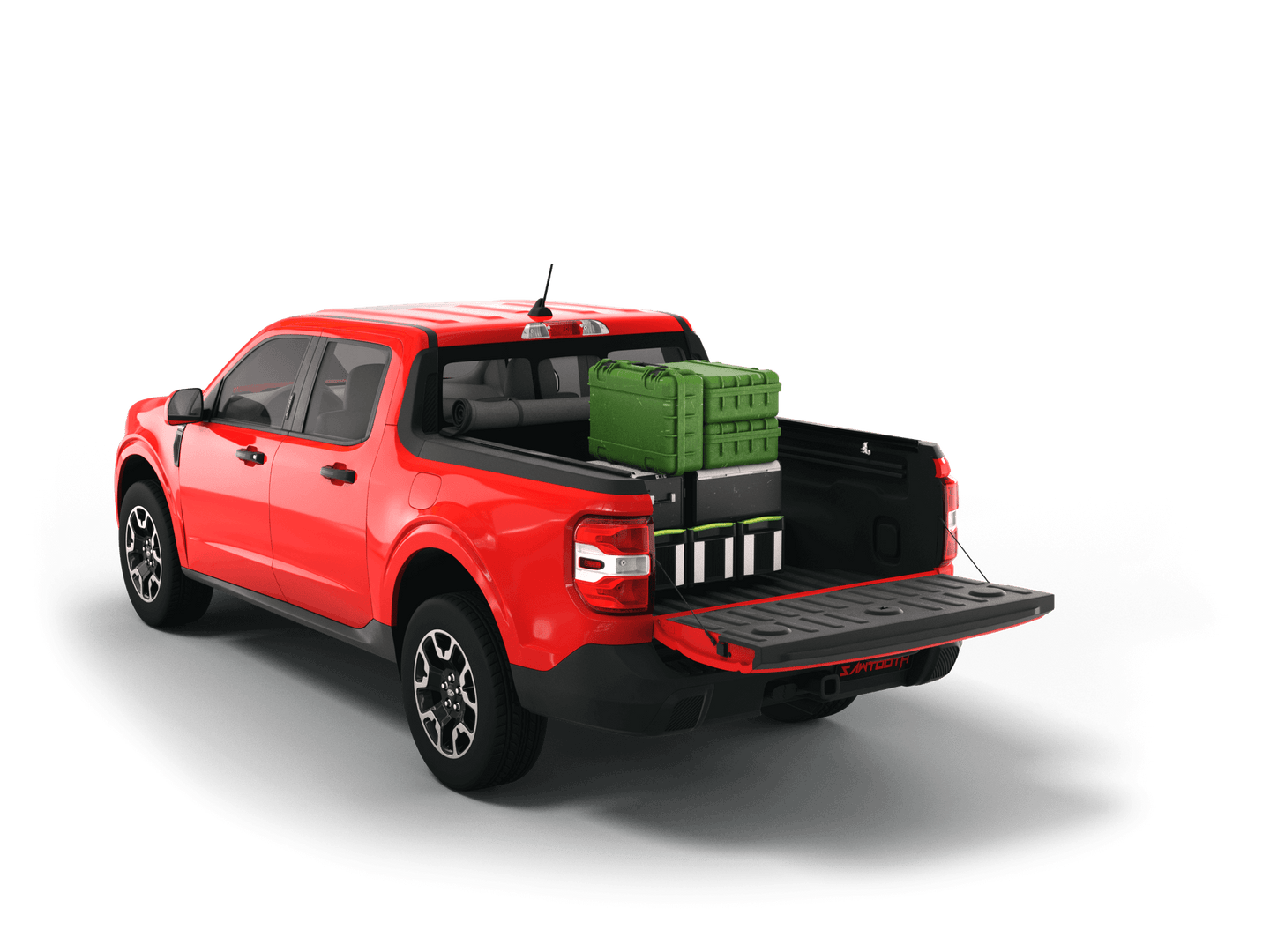 Red 2024 Ford Maverick with gear in the truck bed and the Sawtooth Stretch tonneau cover rolled up at cab 